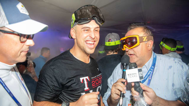 Texas Rangers first baseman Nathaniel Lowe celebrates the ALDS win over the Baltimore Orioles on Tuesday.